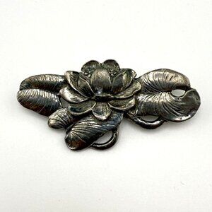 Vintage Signed Seagull Pewter Canada Lotus Floral Pin Brooch 2.5"x1.5" Elegant